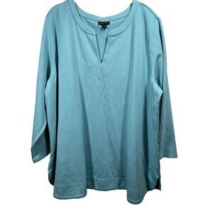J Jill Wearever Collection Women's Top 2X Solid Blue V Neck 3/4 Sleeve Classic